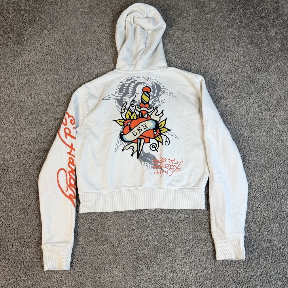 Ed Hardy Hoodie Womens S White Full Zip Lined Graphic Print Fleece Pockets